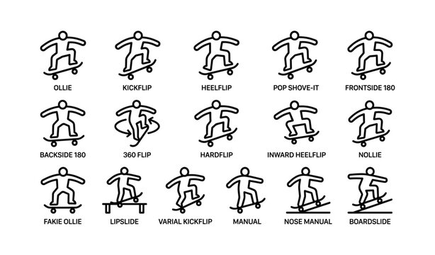 Skateboarding trick icons: ollie, kickflip, heelflip, pop shove-it, frontside 180