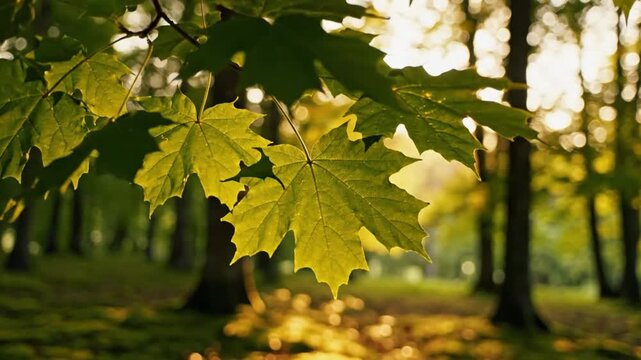 Sunlight streaming through vibrant green maple leaves in a peaceful forest setting with gentle breeze