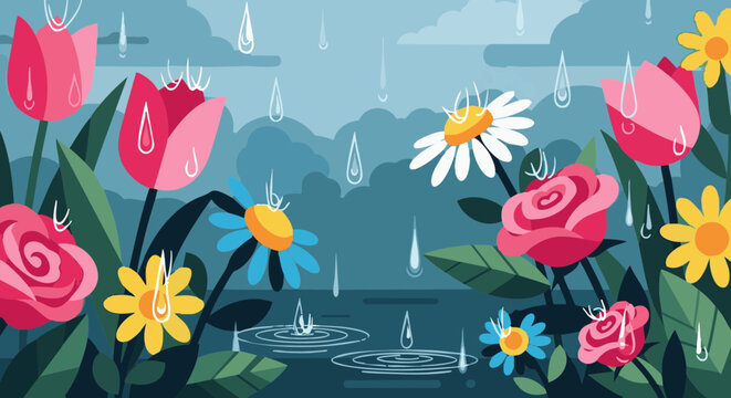 Colorful flowers blooming in the rain vector illustration.