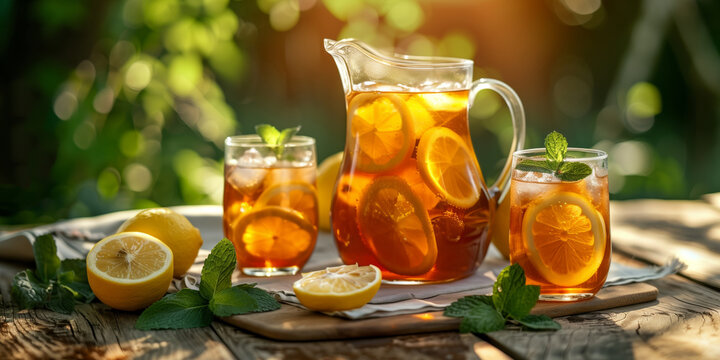 Refreshing iced lemon tea served in a glass pitcher and glasses with lemon slices, mint, and ice on a rustic outdoor table.