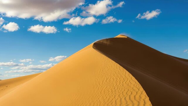 Desert Dune under the Sky: A sweeping vista unfolds, revealing the mesmerizing curves of a towering sand dune under a brilliant blue sky, punctuated by fluffy clouds.