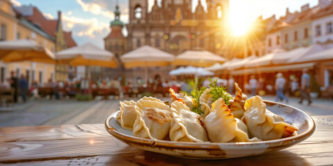 Plate of traditional pierogi served at an outdoor cafe table in a historic European city square at sunset. Travel dining scene with local cuisine, warm light, and lively old town atmosphere