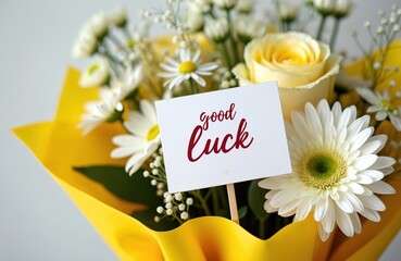 Fototapeta premium White and yellow flowers arranged with a bright yellow wrapper. A card reads good luck. Fresh blossoms convey warm wishes and celebrate new beginnings.