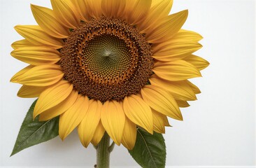 Naklejka premium Vibrant sunflower with detailed center and green leaves against a