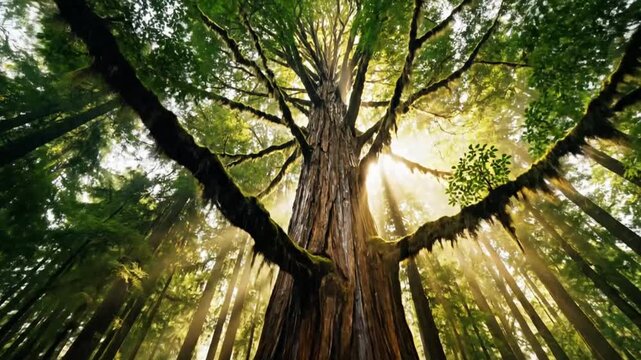 Majestic giant redwood tree reaching for the sun with vibrant rays illuminating the forest below