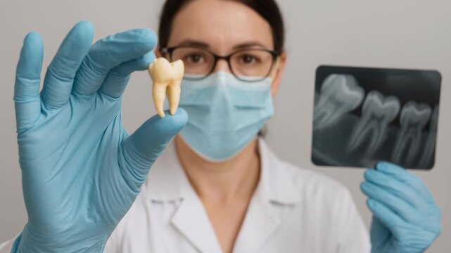 Dental Examination: A dedicated dental professional expertly holds a model tooth and an x-ray, symbolizing the intricacies of oral health and dental care. 