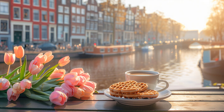 Cup of coffee and traditional stroop wafels on a small table by a canal in Amsterdam, surrounded by blooming tulips and a bicycle in soft morning light.