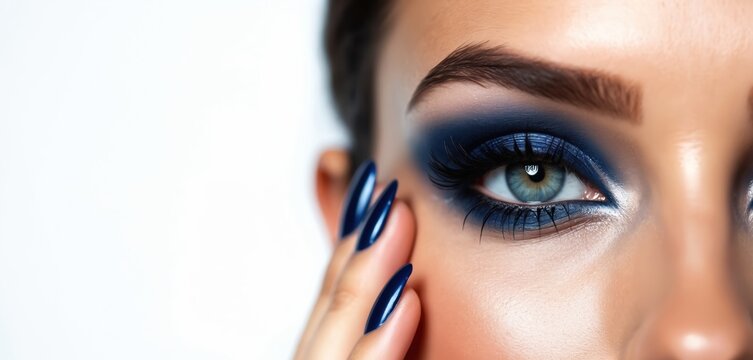 Woman wears dark blue eyeshadow and matching nails. Eye makeup detailed with long lashes. She touches face gently near blue eye. White background.