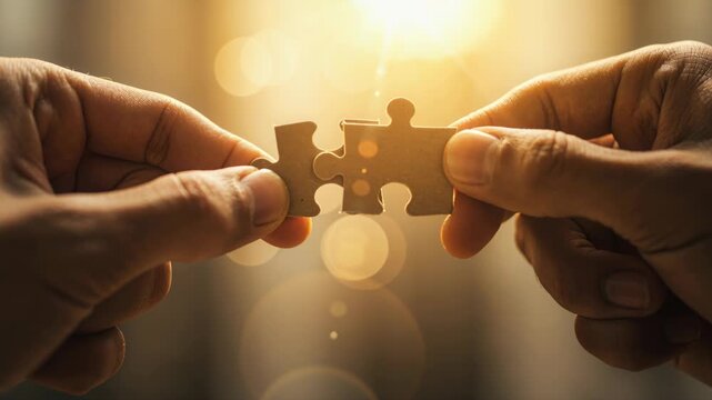 Harmony's Embrace: Two hands, symbolizing partnership, bring puzzle pieces together, with soft sunlight as backdrop.