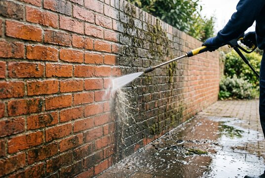 A power washer wand cleans a brick wall, revealing a clear clean-versus-dirty boundary as moss and grime lift away. Water spray is frozen in detail with puddles reflecting light in soft daylight