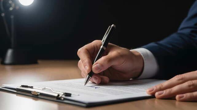 Pen in Hand, A Signature Awaits: A focused individual, illuminated by a directed light, meticulously signs a contract, capturing the essence of professionalism and legal commitment.