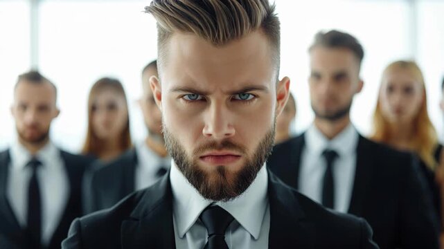 **Focused Determination: Leadership in Action**. A resolute man, his eyes blazing with intent, stands at the forefront of a professional group. Evoking the spirit of leadership and power.