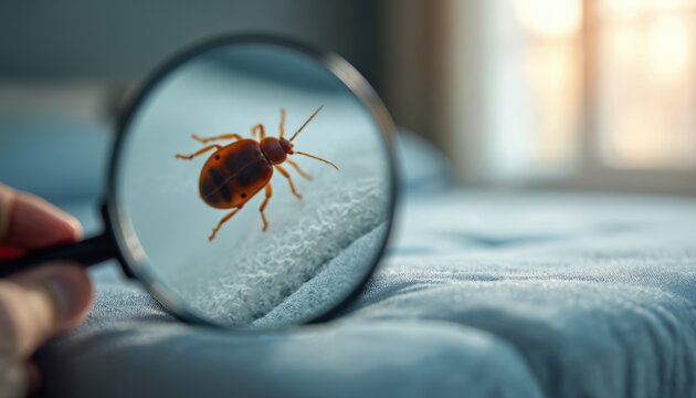 Magnifying glass inspects bedbug on mattress fabric. Tiny insect visible on bedding textile. Home hygiene inspection, pest control awareness, search for small bugs.