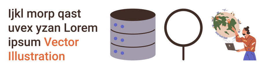 Data storage, online search, global communication, research, database management, information technology. a server stack, magnifying glass and person analyzing globe. Data storage and online search © robu_s