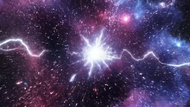 Cosmic energy waves pulsing and radiating bright light in the expansive night sky with a nebular backdrop