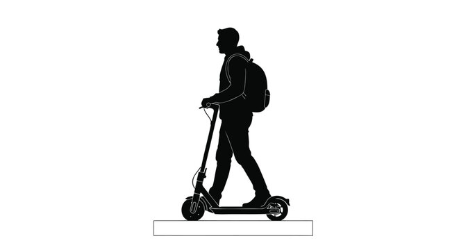 Black silhouette of man riding electric scooter, male commuter with backpack on e-scooter vector, modern urban micro-mobility transportation icon