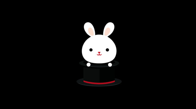 A cute cartoon bunny peeps out of a black top hat, set against a simple black background