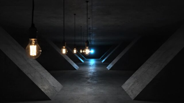 Edison bulb string lights illuminate a concrete tunnel, leading to an abstract glowing light source, creating atmospheric aesthetic.
