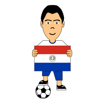 Vector illustration of a young boy holding the Paraguayan national flag, dressed in casual clothing and standing with a soccer ball, symbolizing Paraguay, football passion, and national pride