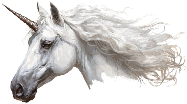 A regal white equine creature with a spiraling horn, flowing mane, and detailed facial features