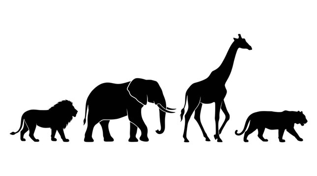 Silhouettes of iconic African safari animals including a lion, elephant, giraffe, and tiger, representing wildlife conservation and nature