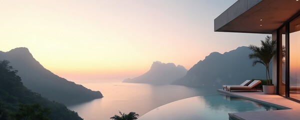 Fototapeta premium Modern balcony overlooks ocean bay and mountains at sunset. Infinity pool, sun loungers, palm tree on concrete terrace. Serene nature landscape with soft pastel sky.