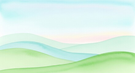 Fototapeta premium Soft Watercolor Hills Landscape with Pastel Sky and Gentle Rolling Green Hills