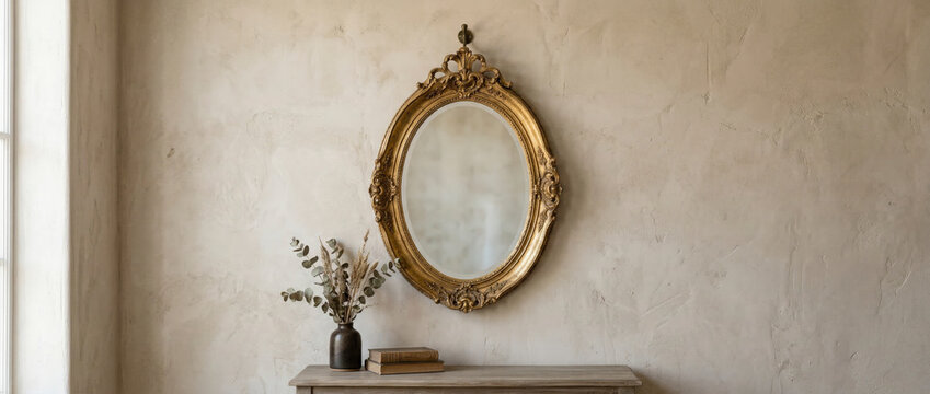 Ornate oval gold mirror hanging on a textured plaster wall above a slim console, paired with dried foliage and old books to create a refined antique style focal point in a neutral room