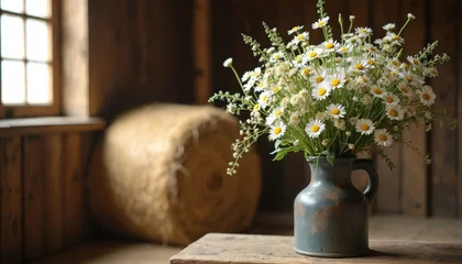 Wandcirkels Bloemenwinkel Wildflower bouquet in rustic jug sits on wooden table near hay bale. Window light streams into vintage barn interior. Peaceful, nostalgic country decor.  © Viktor