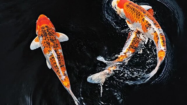 Graceful koi fish gliding through serene dark water, creating tranquil ripples and vibrant patterns