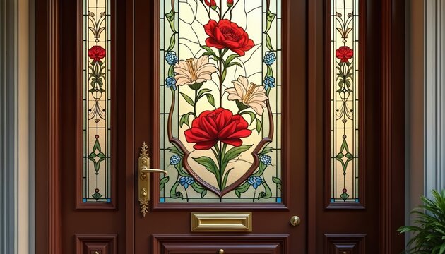 Brown wooden entry door features stained glass panels with red roses and lilies. Golden hardware adorns this beautiful classic home entrance. This artful glasswork offers elegant curb appeal.