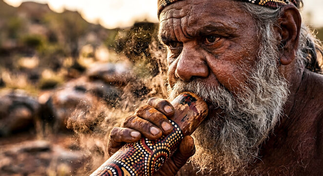 Aboriginal Elder blowing traditional Ochre-Painted Didgeridoo
