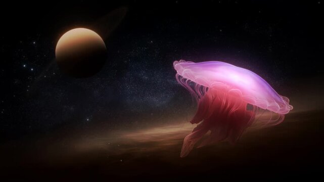 A bioluminescent jellyfish drifts through the cosmos near a ringed planet. This surreal, photorealistic 3D render evokes a sense of wonder and the vastness of space.