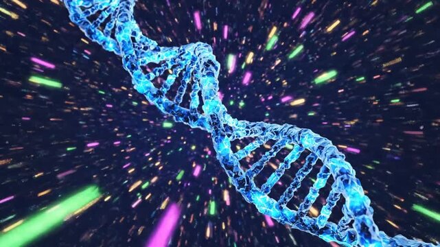 Abstract rendering of a DNA double helix spiraling through a colorful cosmic galaxy universe