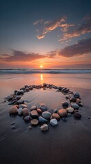 Obraz premium Peaceful ocean sunset reflecting in a circular arrangement of smooth stones on wet sand, creating a calm and balanced coastal landscape.
