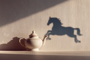 Elegant white porcelain teapot illuminated by warm sunlight, casting a dramatic shadow shaped like a rearing horse on a minimalist beige wall.