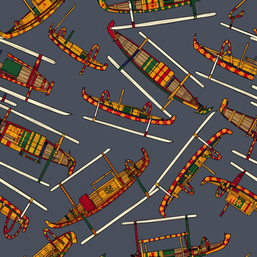 Seamless pattern of colorful traditional Balinese jukung boats with outriggers on a dark grey background, vector illustration