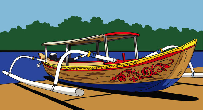 Traditional Balinese Jukung boat with outriggers resting on a sandy beach with calm blue water and green trees in the background