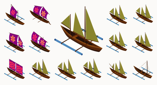 Isometric vector set of traditional Philippine outrigger boats (Bangka, Paraw) with diverse sail designs. Represents maritime culture, island travel, and heritage.