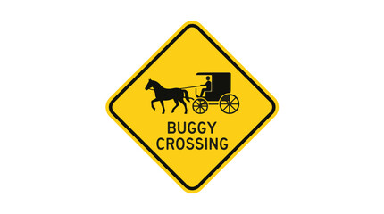 Obraz premium Yellow diamond-shaped sign warns of a buggy crossing, featuring a silhouette of a horse-drawn buggy and text.