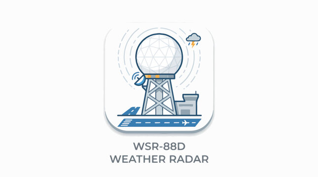 An illustration of a WSR-88D weather radar tower with a Doppler radar dish, located near an airport runway and buildings, with rain and clouds depicted.