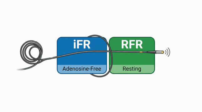 Medical guidewire illustrating iFR (Adenosine-Free) and RFR (Resting) measurements for coronary stenosis assessment, emphasizing non-adenosine physiological methods.
