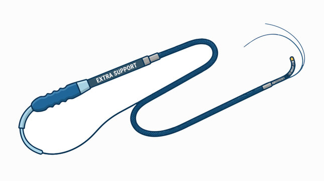 A blue medical interventional device featuring a handle labeled 'EXTRA SUPPORT' and a flexible, coiled tube with a curved tip and emerging wire, depicted on white.