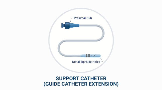 Illustration of a guide catheter extension (support catheter) highlighting its proximal hub and distal tip with side holes. This medical device aids in interventional procedures.