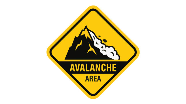 Yellow diamond-shaped warning sign depicting a mountain with an avalanche, with text AVALANCHE AREA below.
