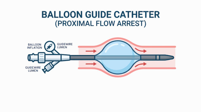 Illustration showing a balloon guide catheter used for proximal flow arrest in a blood vessel, with labeled components like guidewire lumen and balloon inflation.