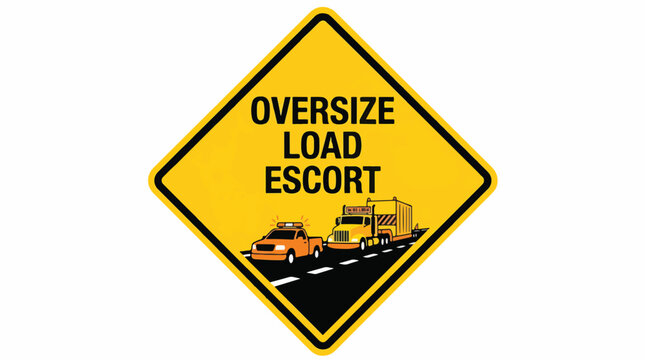 Yellow diamond sign warns of an Oversize Load Escort with an illustration of an escort vehicle and an oversized truck on a road.