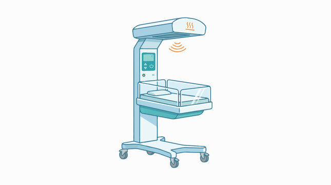 A medical incubator for newborns, with a warming lamp, digital display, and transparent bassinet on a wheeled stand.