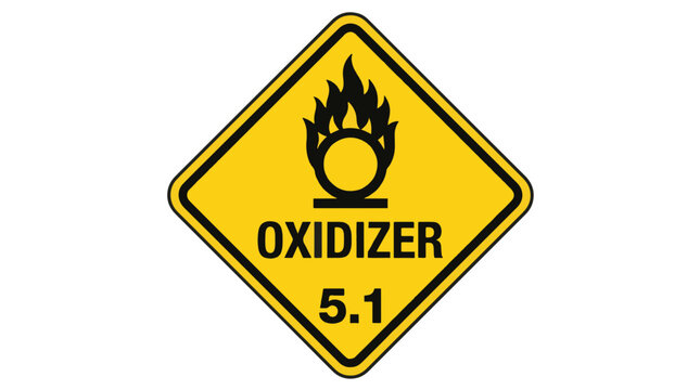 Yellow diamond hazard sign indicating OXIDIZER 5.1 with a flame symbol above a circle.