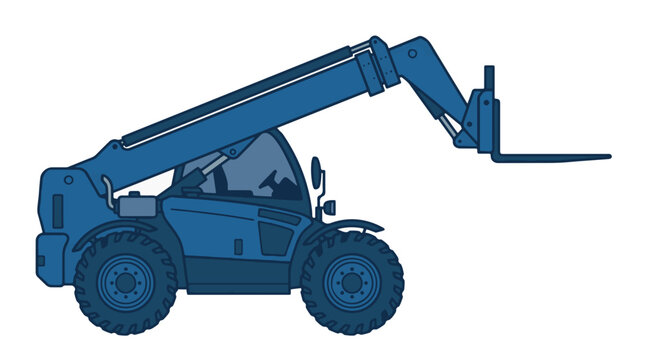 A blue telehandler with its boom extended and forks ready for lifting.